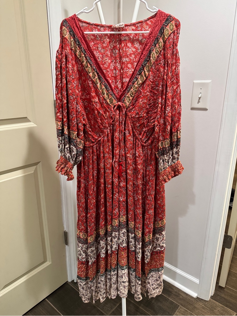 Boho Red Floral Long Sleeve Tie-Front Maxi Dress